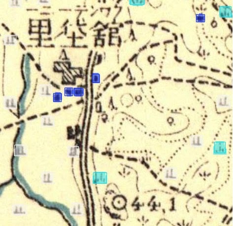 Houses detected on a 1918 topographic map (boxes).